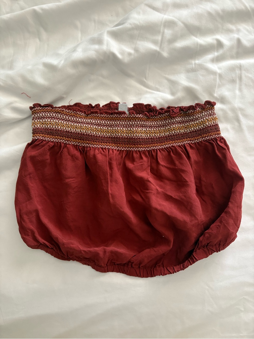 Ecote Burgundy Smocked Crop Top with Multicolor Stitching